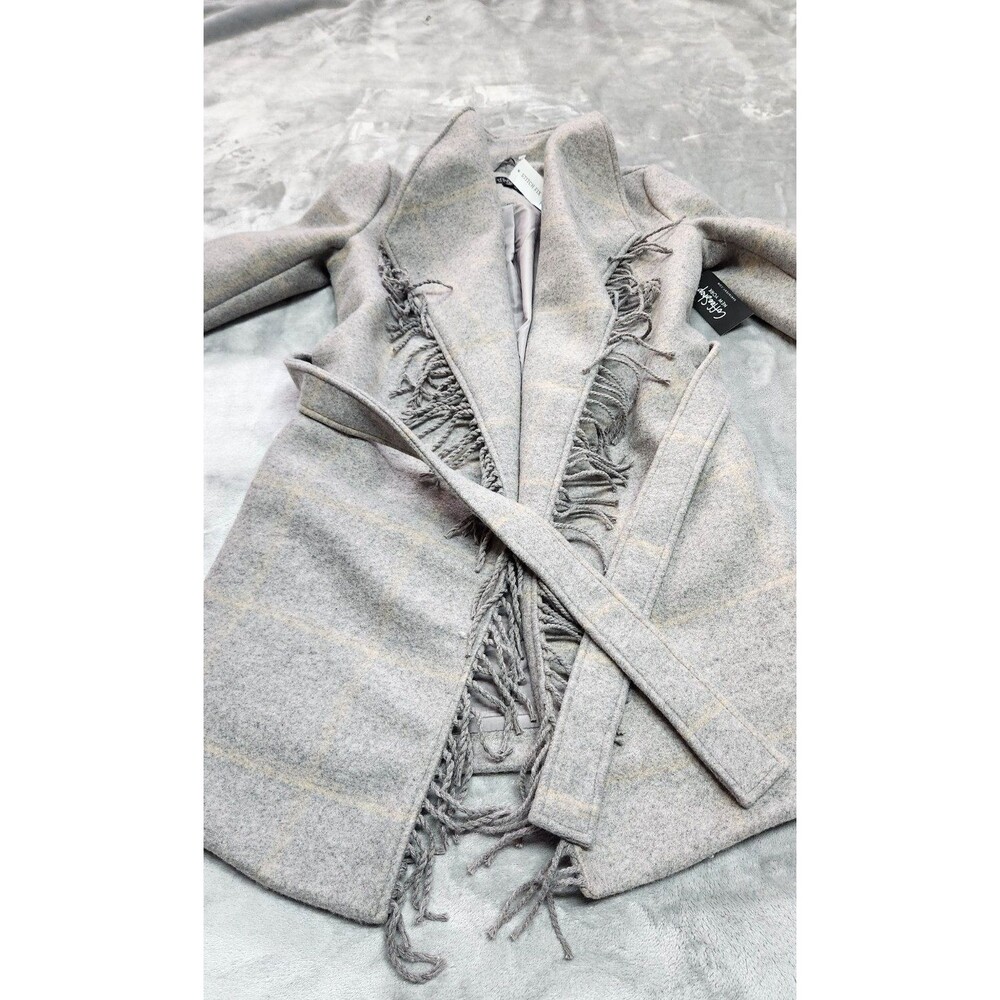 Coffeeshop Women's XSP Light Grey‎ Fringe Wool Blend Plaid Coat NWT